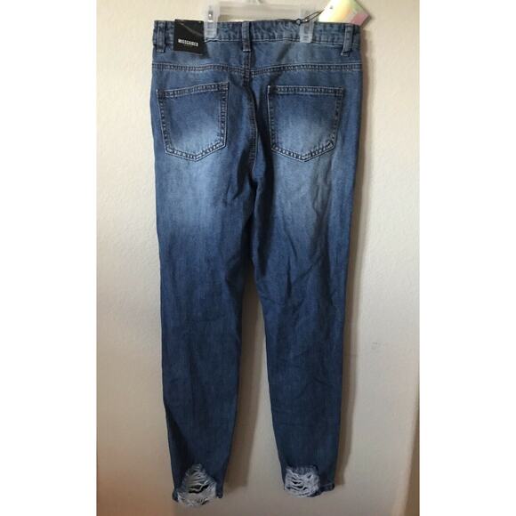Missguided Medium Wash Blue Riot High Rise Distressed Women's Mom Jean Size 10 - Picture 3 of 4